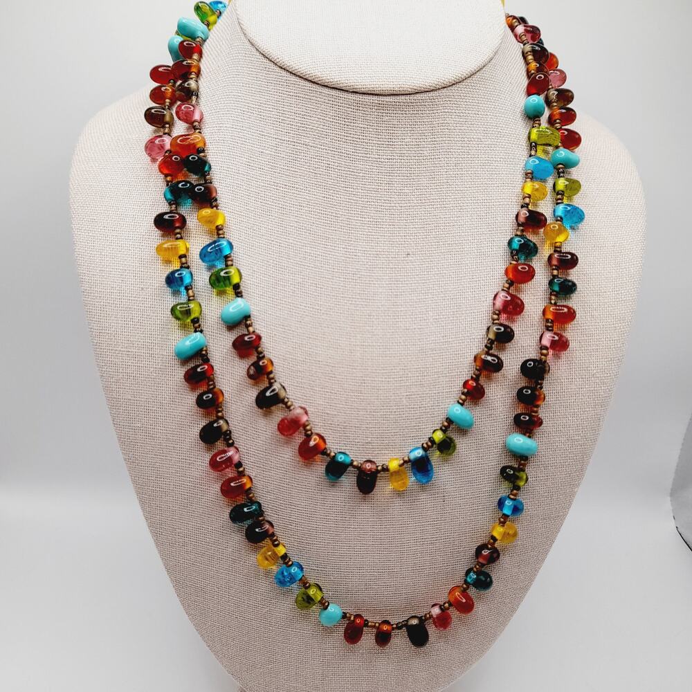 Vintage Art Glass Necklace 42" Multicolor Teardrop Beads Long Statement